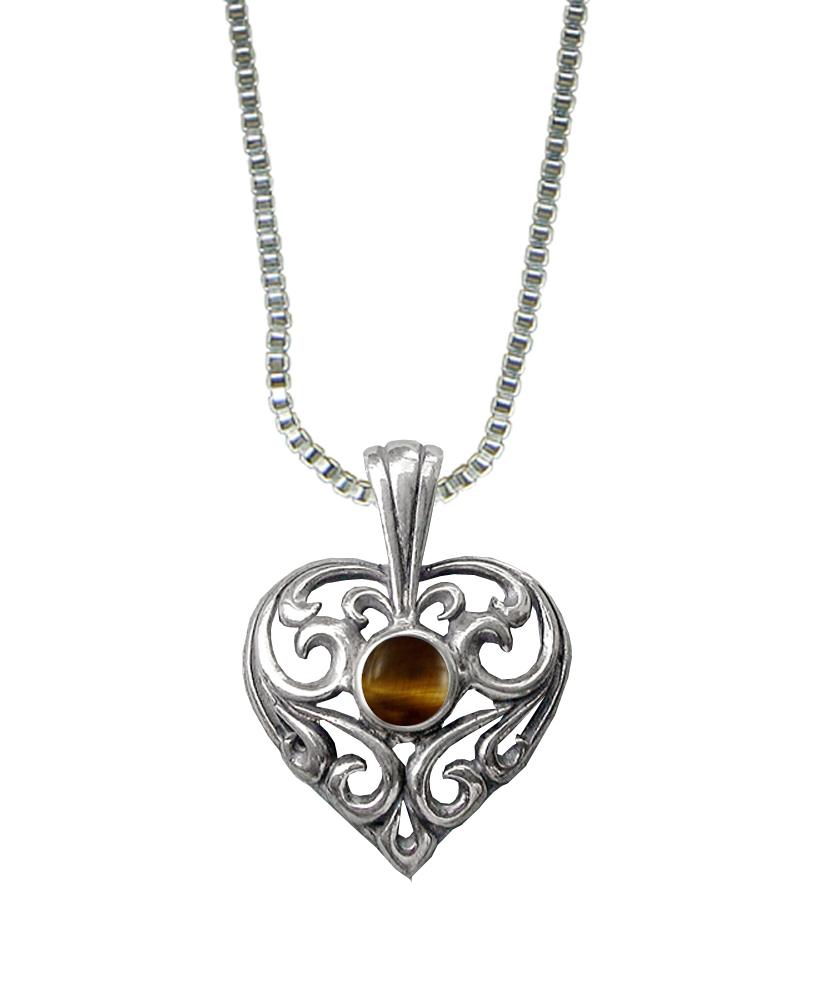 Sterling Silver Exceptional Filigree Heart Pendant With Tiger Eye